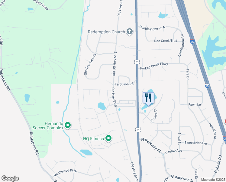 map of restaurants, bars, coffee shops, grocery stores, and more near 840 Old Highway 51 South in Hernando