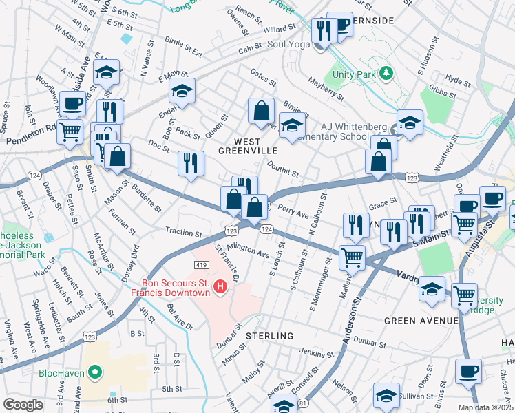 map of restaurants, bars, coffee shops, grocery stores, and more near 401 Perry Avenue in Greenville