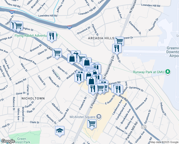 map of restaurants, bars, coffee shops, grocery stores, and more near 1411 Laurens Road in Greenville