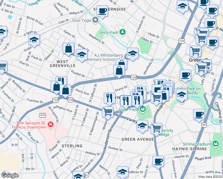 map of restaurants, bars, coffee shops, grocery stores, and more near 118 Ware Street in Greenville
