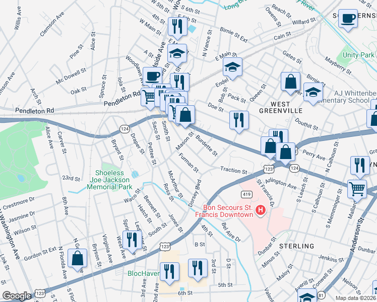 map of restaurants, bars, coffee shops, grocery stores, and more near 2 Furman Street in Greenville