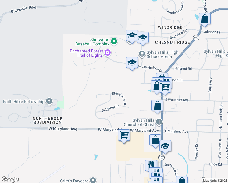 map of restaurants, bars, coffee shops, grocery stores, and more near 3113 Shady Side Drive in Sherwood