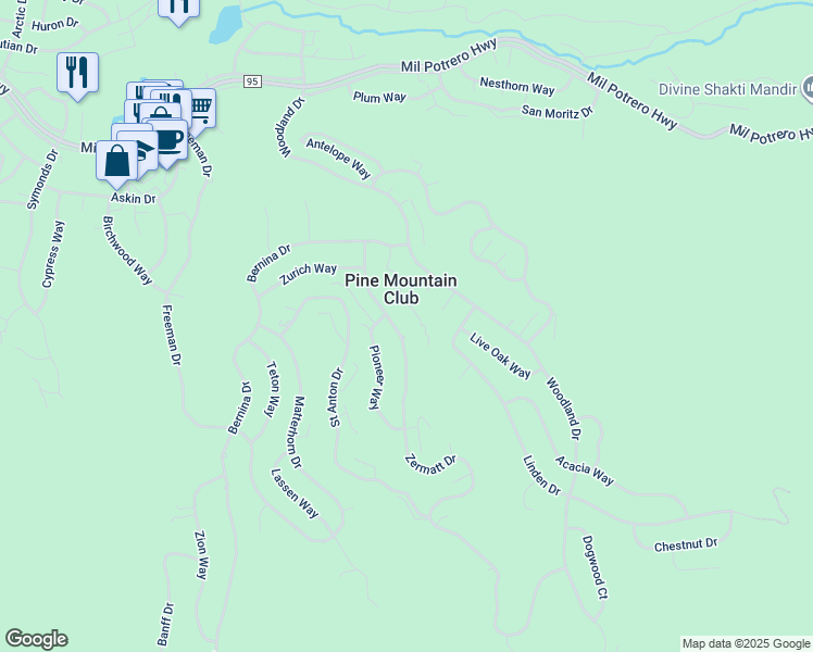 map of restaurants, bars, coffee shops, grocery stores, and more near 2100 Zermatt Drive in Frazier Park