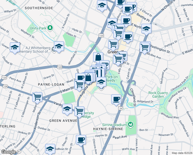 map of restaurants, bars, coffee shops, grocery stores, and more near 24 River Street in Greenville