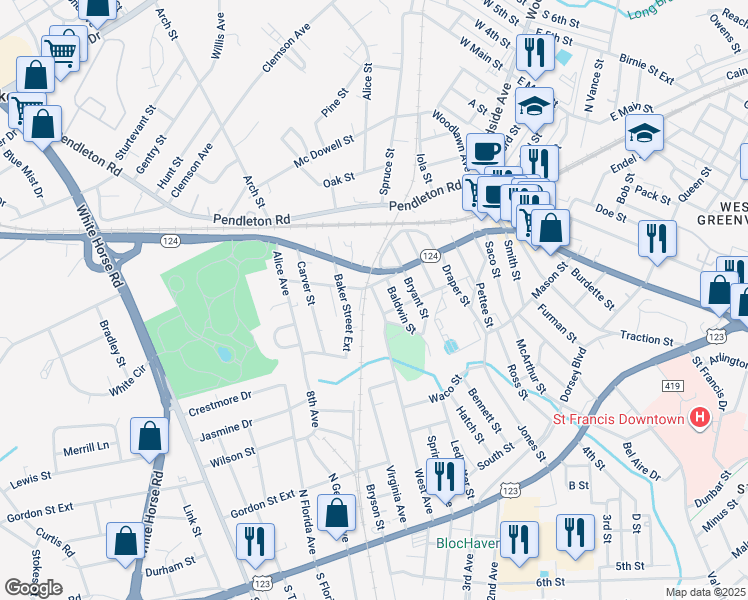 map of restaurants, bars, coffee shops, grocery stores, and more near 437 West Avenue in Greenville
