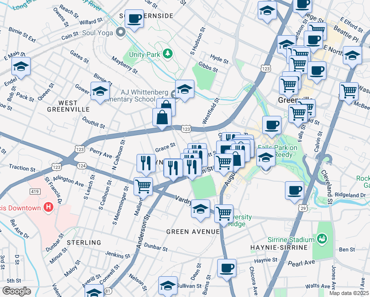 map of restaurants, bars, coffee shops, grocery stores, and more near 110 North Markley Street in Greenville
