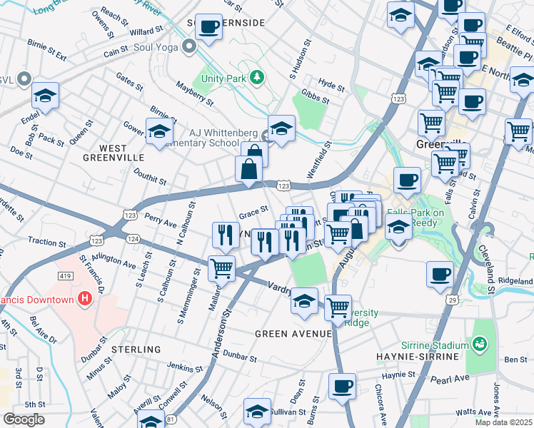 map of restaurants, bars, coffee shops, grocery stores, and more near 110 North Markley Street in Greenville