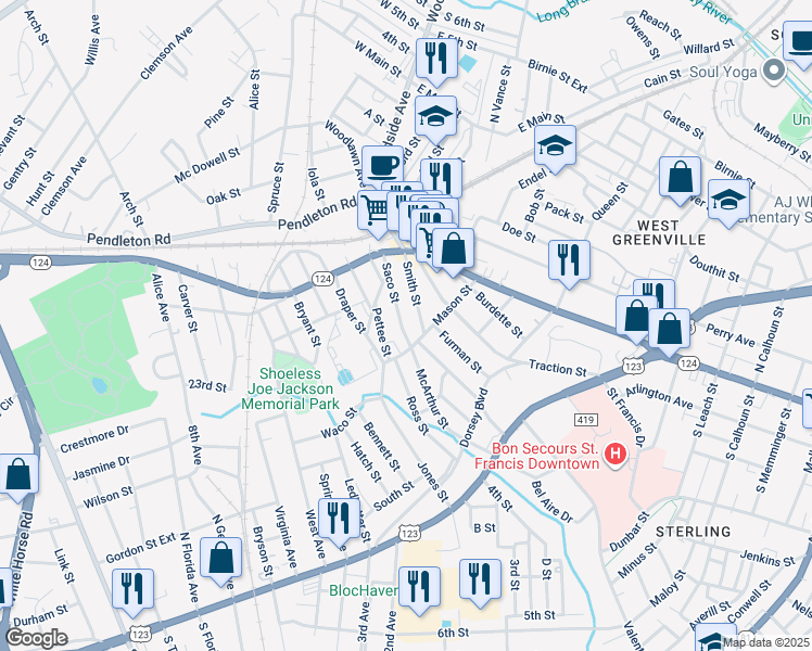 map of restaurants, bars, coffee shops, grocery stores, and more near 24 Saco Street in Greenville