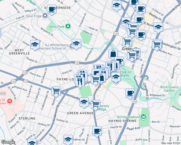 map of restaurants, bars, coffee shops, grocery stores, and more near 322 Rhett Street in Greenville