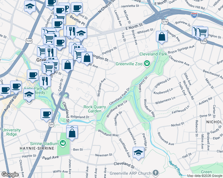 map of restaurants, bars, coffee shops, grocery stores, and more near 50 Ridgeland Drive in Greenville