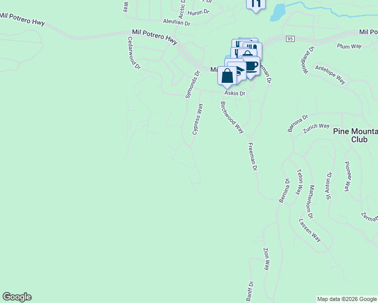 map of restaurants, bars, coffee shops, grocery stores, and more near 2101 Symonds Drive in Frazier Park