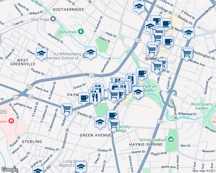 map of restaurants, bars, coffee shops, grocery stores, and more near 322 Rhett Street in Greenville