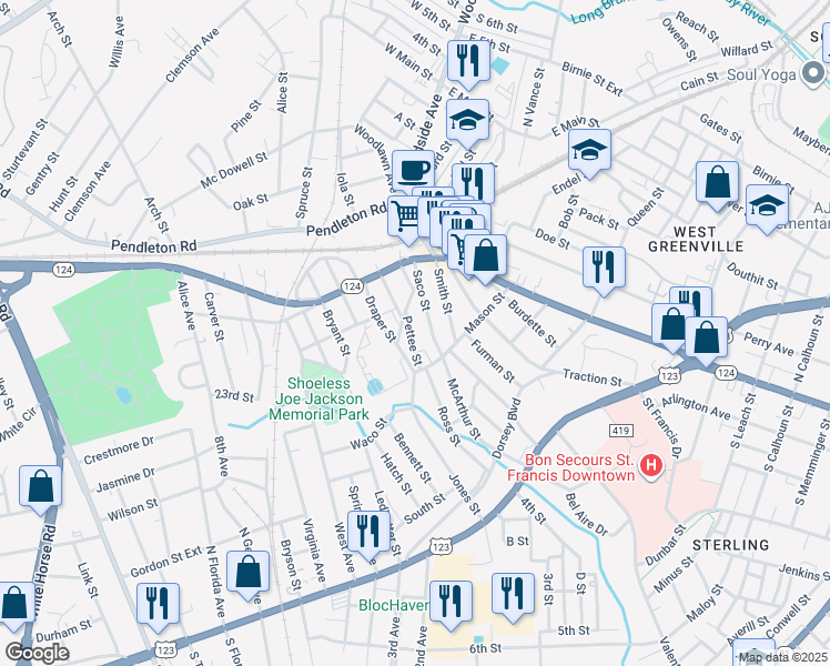 map of restaurants, bars, coffee shops, grocery stores, and more near 14 Pettee Street in Greenville