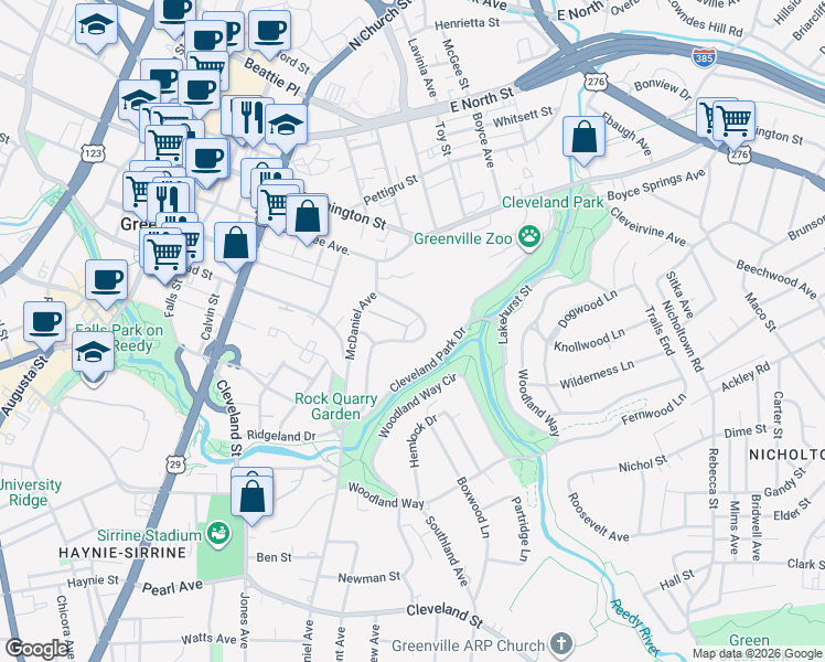 map of restaurants, bars, coffee shops, grocery stores, and more near 50 Ridgeland Drive in Greenville