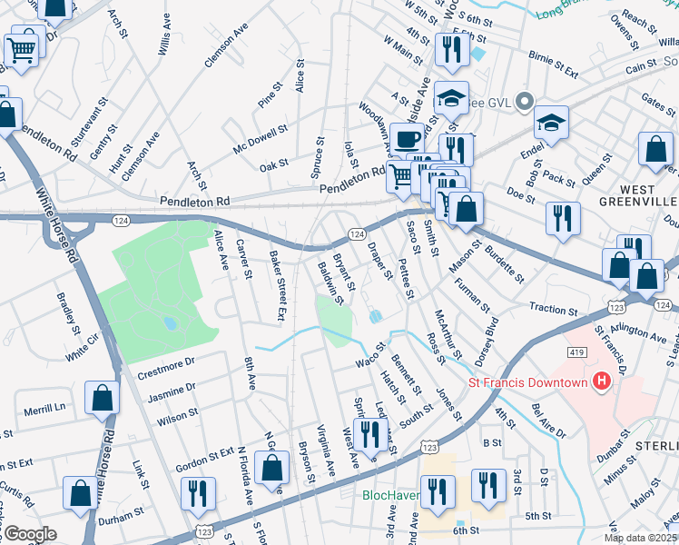 map of restaurants, bars, coffee shops, grocery stores, and more near 21 Bryant Street in Greenville
