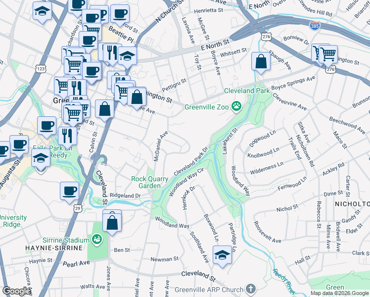 map of restaurants, bars, coffee shops, grocery stores, and more near 50 Ridgeland Drive in Greenville