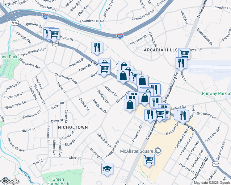 map of restaurants, bars, coffee shops, grocery stores, and more near 18 Warren Court in Greenville
