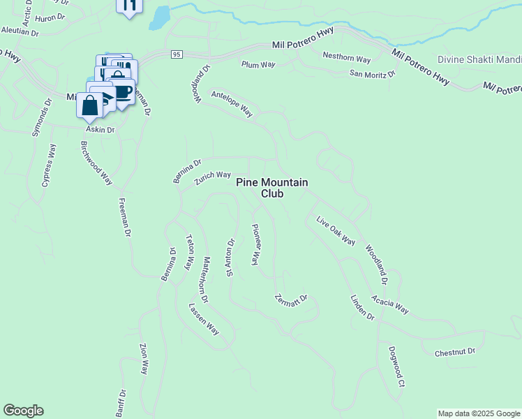map of restaurants, bars, coffee shops, grocery stores, and more near 2105 Zermatt Drive in Pine Mountain Club