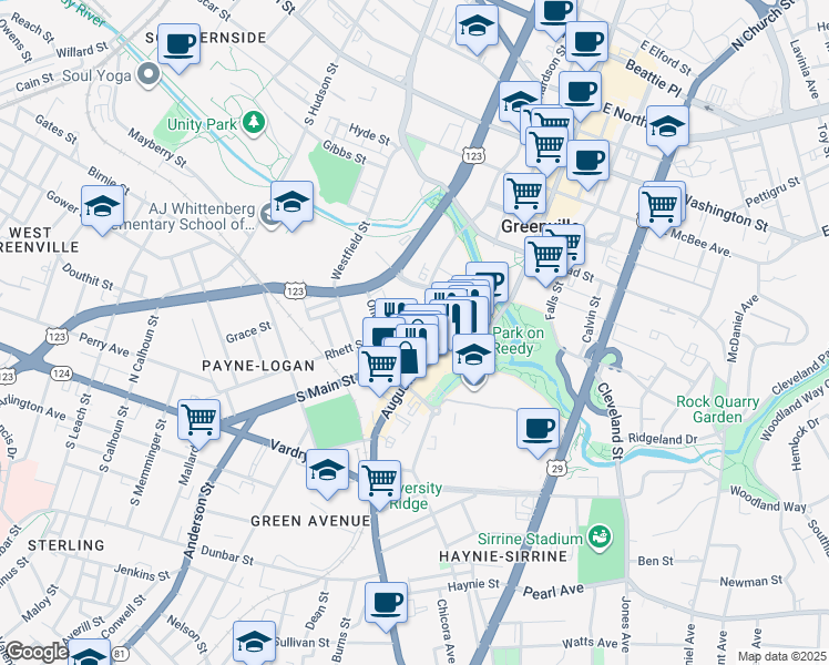 map of restaurants, bars, coffee shops, grocery stores, and more near 235 Rhett Street in Greenville