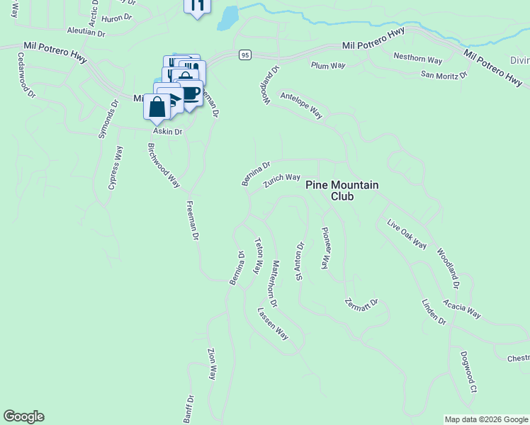 map of restaurants, bars, coffee shops, grocery stores, and more near 2221 Saint Anton Drive in Frazier Park