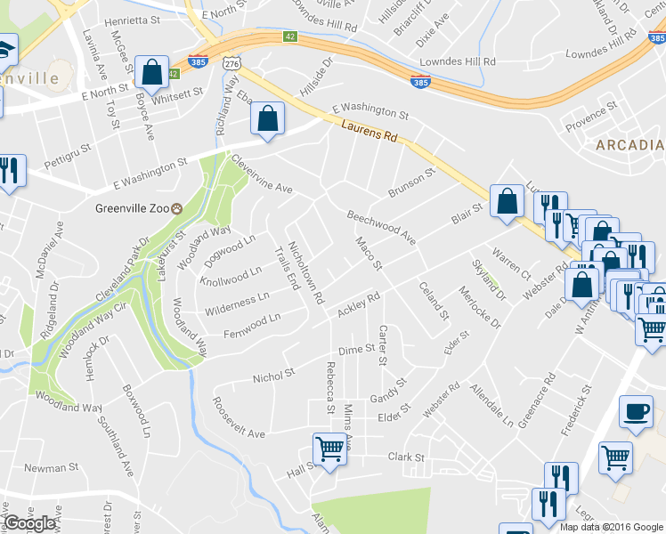 map of restaurants, bars, coffee shops, grocery stores, and more near 16 Lark Street in Greenville