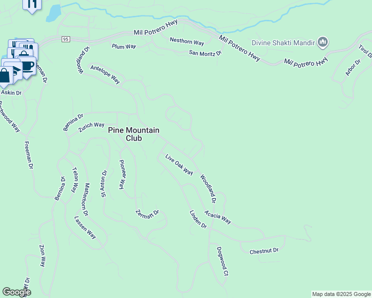 map of restaurants, bars, coffee shops, grocery stores, and more near 2048 Woodland Drive in Frazier Park