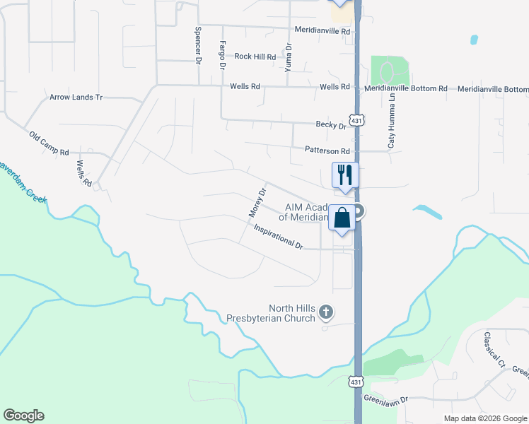 map of restaurants, bars, coffee shops, grocery stores, and more near 118 Parkview Drive in Meridianville