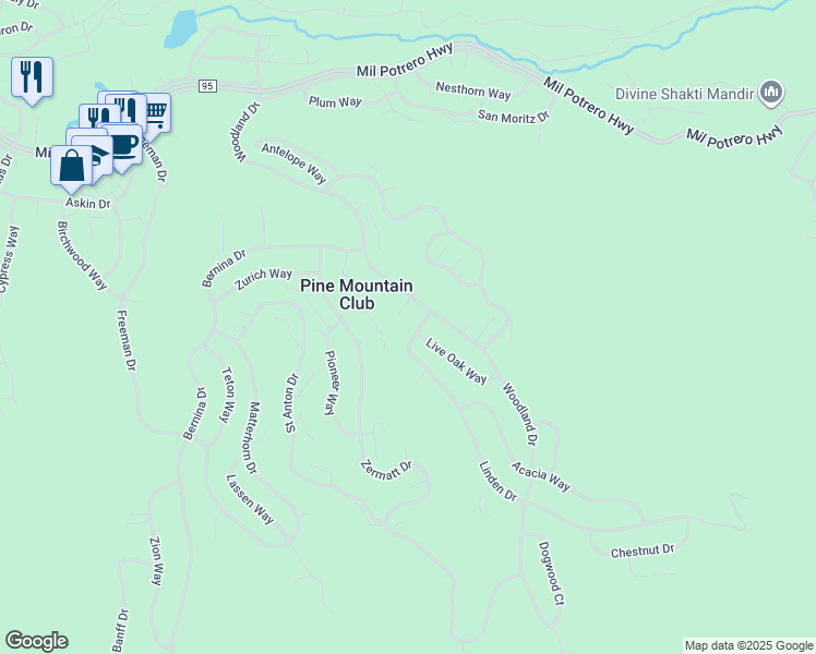 map of restaurants, bars, coffee shops, grocery stores, and more near 2049 Linden Drive in Frazier Park