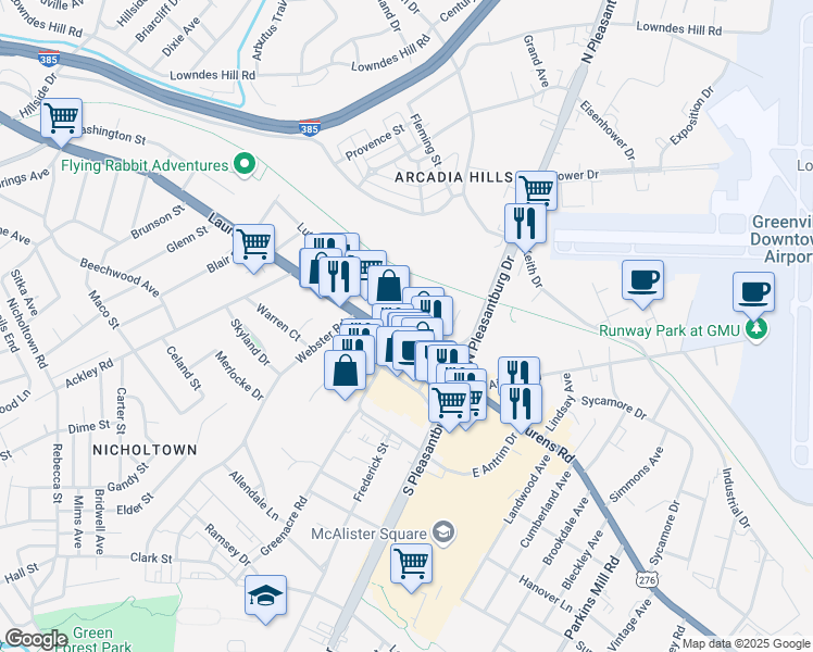 map of restaurants, bars, coffee shops, grocery stores, and more near 1411 Laurens Road in Greenville