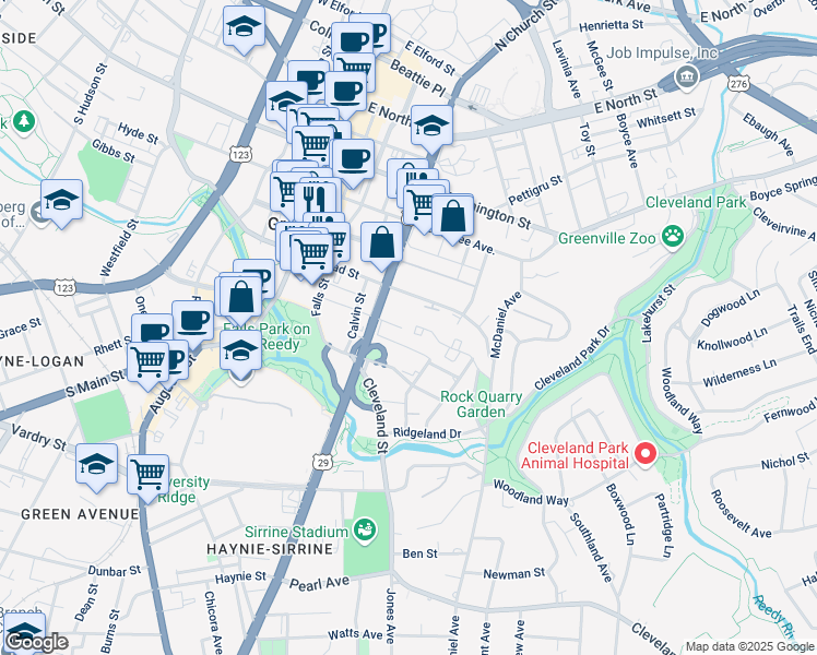 map of restaurants, bars, coffee shops, grocery stores, and more near 222 McDaniel Greene in Greenville
