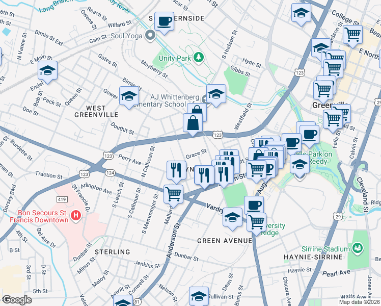 map of restaurants, bars, coffee shops, grocery stores, and more near 19 Watson Avenue in Greenville