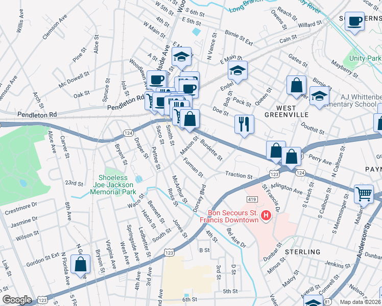 map of restaurants, bars, coffee shops, grocery stores, and more near 7 Traction Street in Greenville