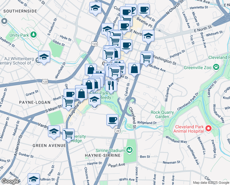 map of restaurants, bars, coffee shops, grocery stores, and more near 515 Falls Street in Greenville