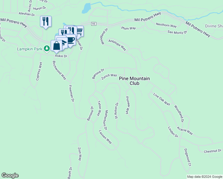 map of restaurants, bars, coffee shops, grocery stores, and more near 2209 Saint Anton Drive in Pine Mountain Club