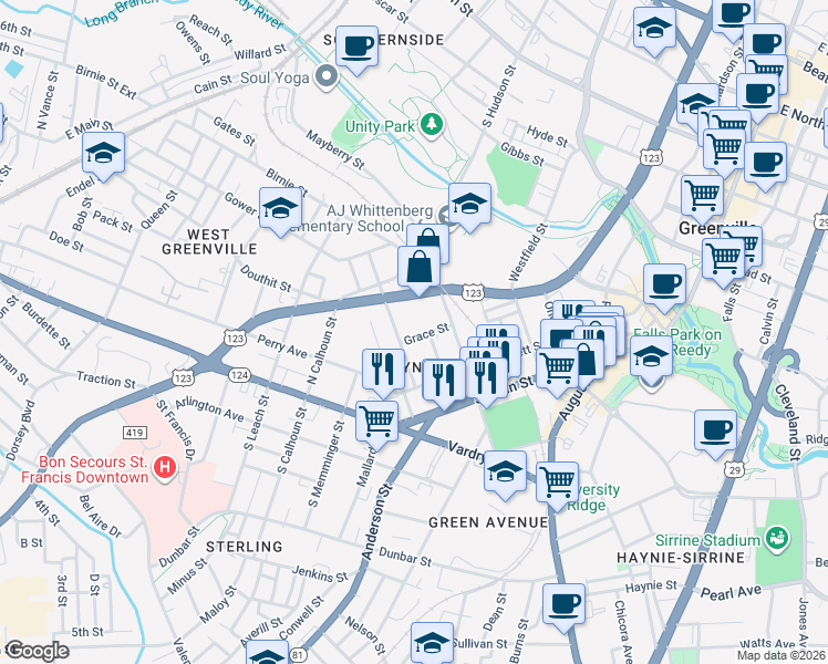 map of restaurants, bars, coffee shops, grocery stores, and more near 19 Watson Avenue in Greenville