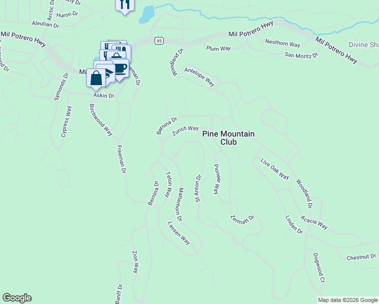 map of restaurants, bars, coffee shops, grocery stores, and more near 2209 Saint Anton Drive in Pine Mountain Club