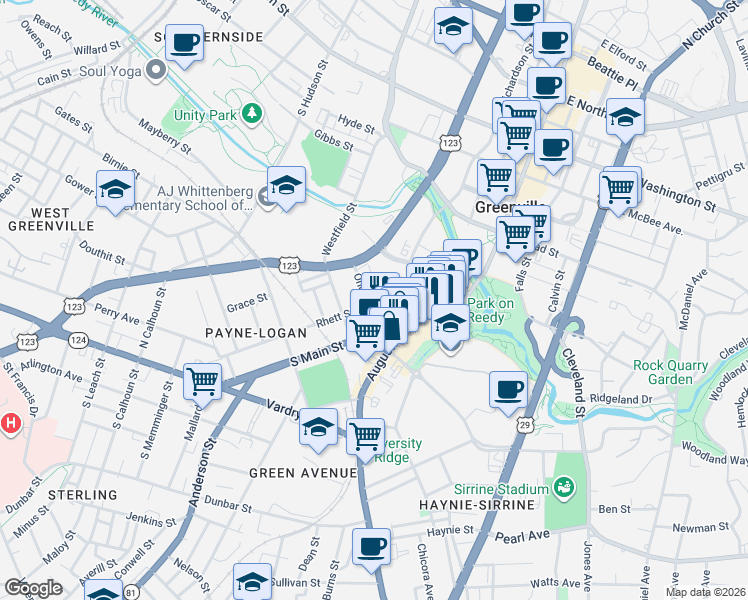 map of restaurants, bars, coffee shops, grocery stores, and more near 235 Rhett Street in Greenville