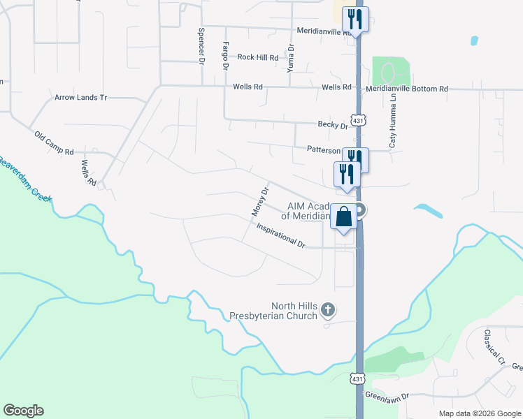 map of restaurants, bars, coffee shops, grocery stores, and more near 118 Parkview Drive in Meridianville