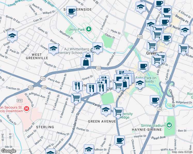 map of restaurants, bars, coffee shops, grocery stores, and more near 110 North Markley Street in Greenville