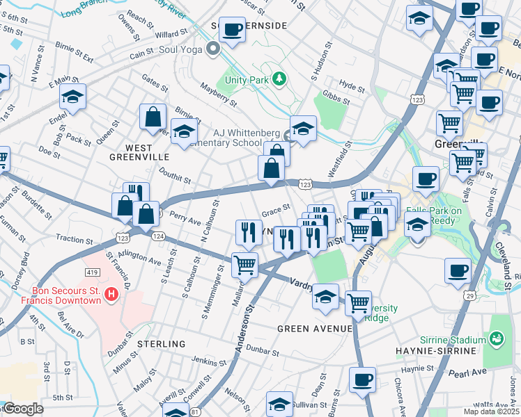 map of restaurants, bars, coffee shops, grocery stores, and more near 104 McCall Street in Greenville