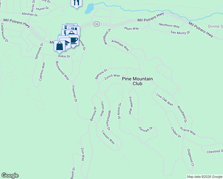 map of restaurants, bars, coffee shops, grocery stores, and more near 2221 Saint Anton Drive in Frazier Park