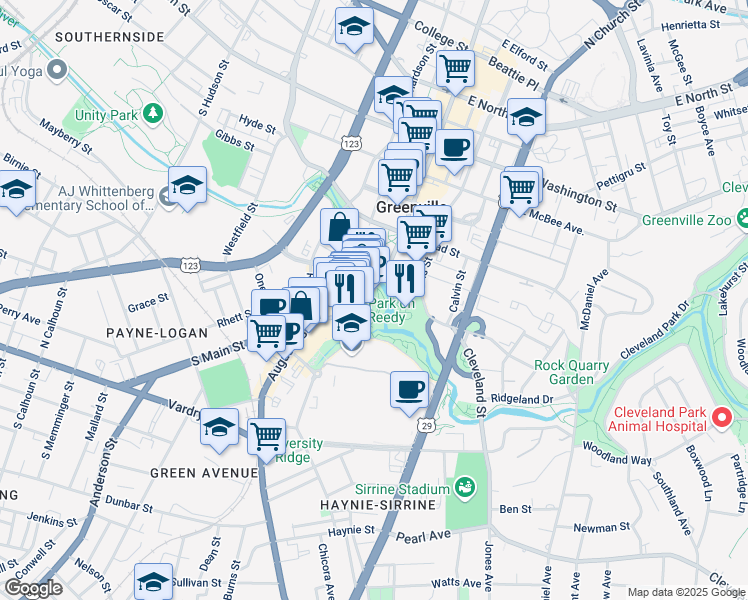 map of restaurants, bars, coffee shops, grocery stores, and more near in Greenville