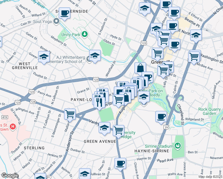 map of restaurants, bars, coffee shops, grocery stores, and more near 322 Rhett Street in Greenville