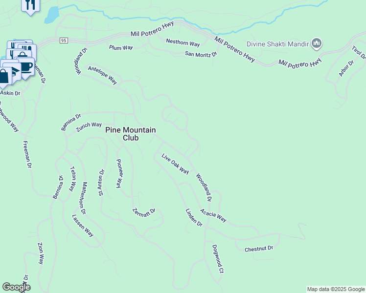 map of restaurants, bars, coffee shops, grocery stores, and more near 2033 Tulip Place in Frazier Park