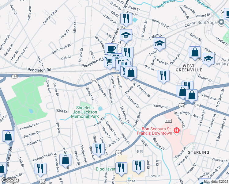 map of restaurants, bars, coffee shops, grocery stores, and more near 24 Saco Street in Greenville