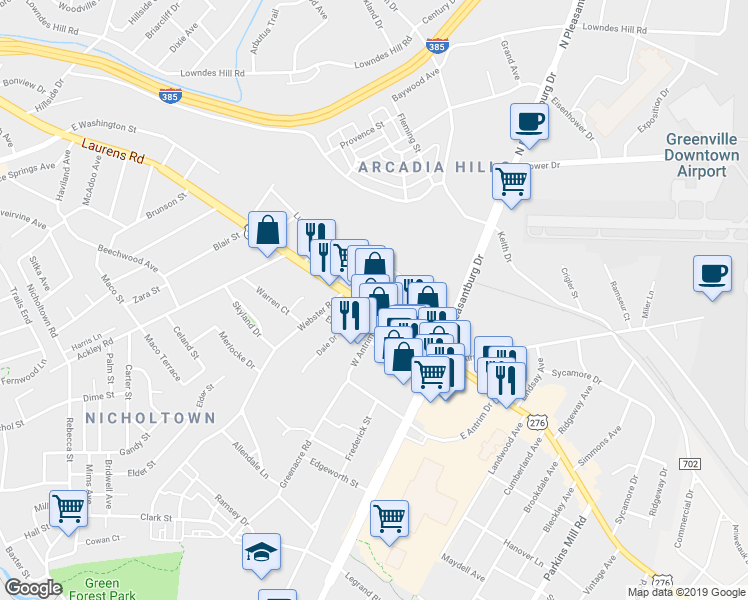 map of restaurants, bars, coffee shops, grocery stores, and more near 1411 Laurens Road in Greenville