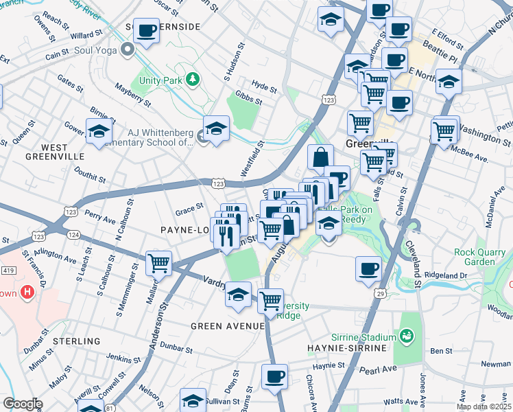 map of restaurants, bars, coffee shops, grocery stores, and more near 322 Rhett Street in Greenville