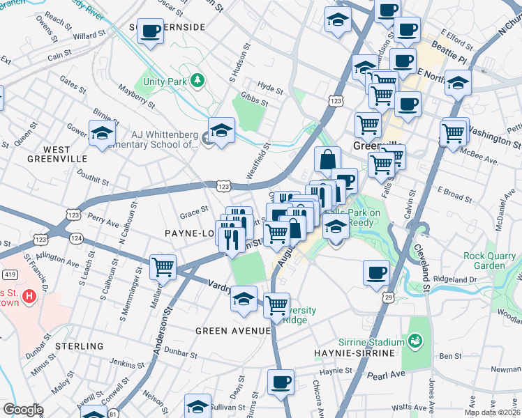 map of restaurants, bars, coffee shops, grocery stores, and more near 322 Rhett Street in Greenville