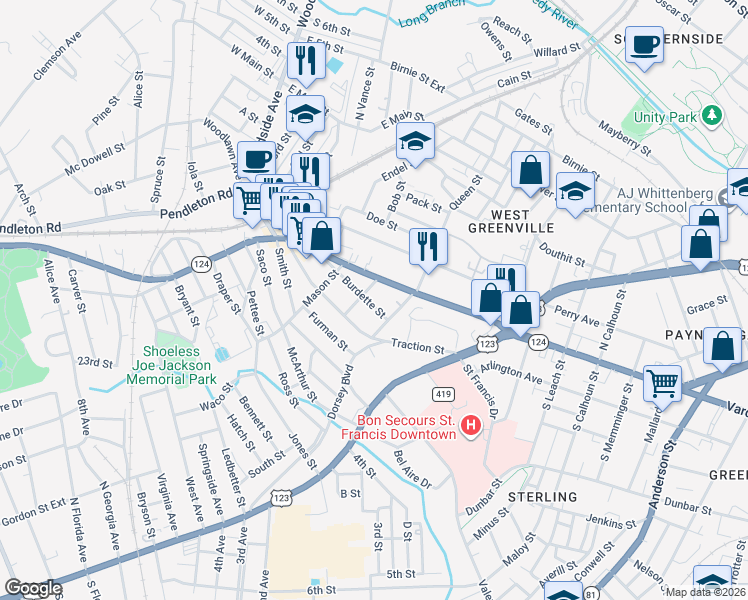 map of restaurants, bars, coffee shops, grocery stores, and more near 8 South Textile Avenue in Greenville