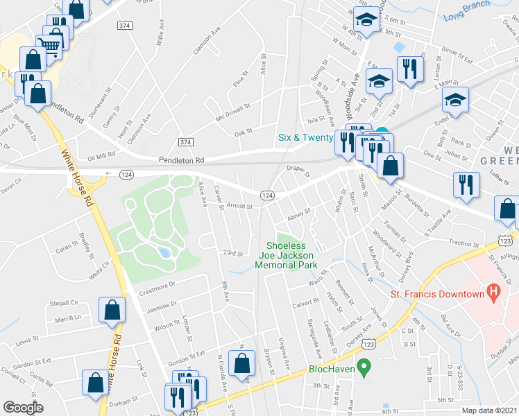 map of restaurants, bars, coffee shops, grocery stores, and more near 0 Aiken in Greenville